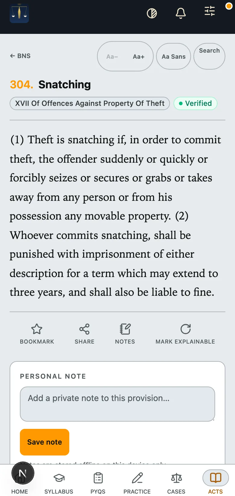Bare Acts reader showing a verified statute section