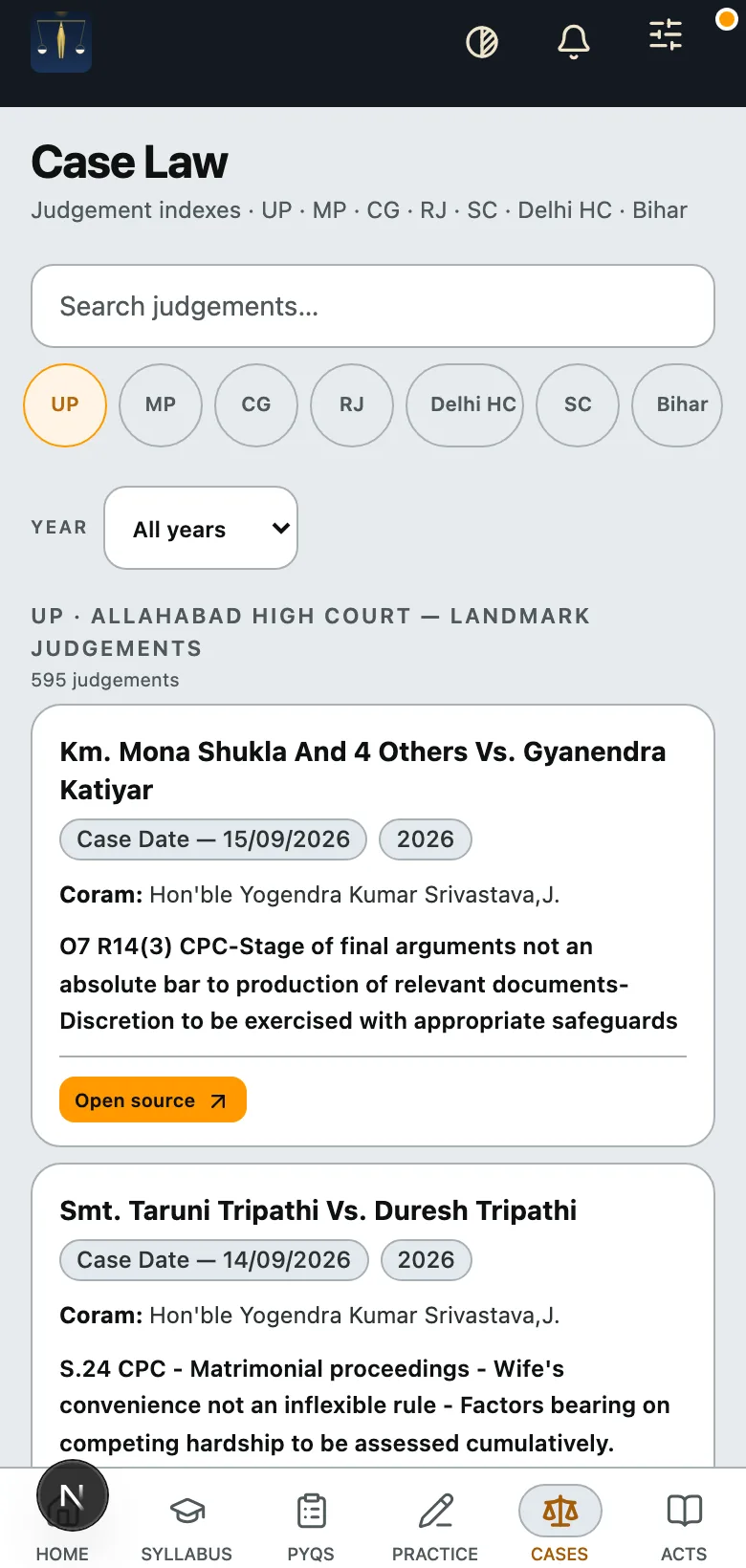 Case-law view listing judgments with their source links