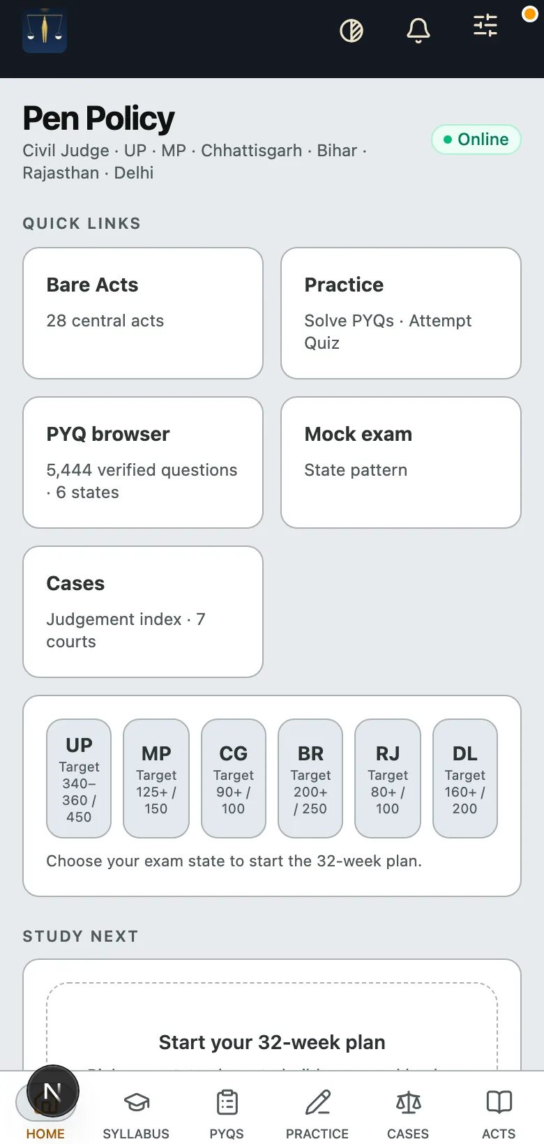 Pen Policy dashboard with quick links to Bare Acts, Practice, PYQs and cases